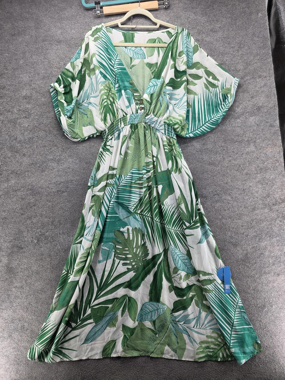 Cupshe Dress Womens L Green V-Neck Maxi Smocked Kimono Sleeve Button Polyester